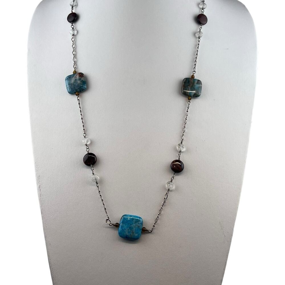 Teal Gemstone Quartz Station Sterling Silver Necklace 29"